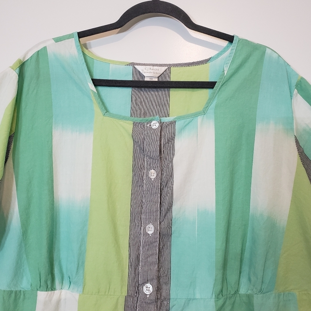 CJ Banks Cotton 100% Button Down Short Sleeve Top Size 3X Green White Li… - Picture 3 of 13